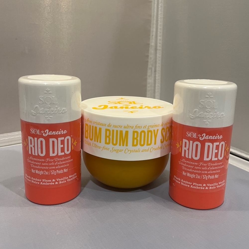 New Set of 3 Sol de Janeiro Full-size Plum Vanilla Deodorant & 7.8 Oz Body Scrub